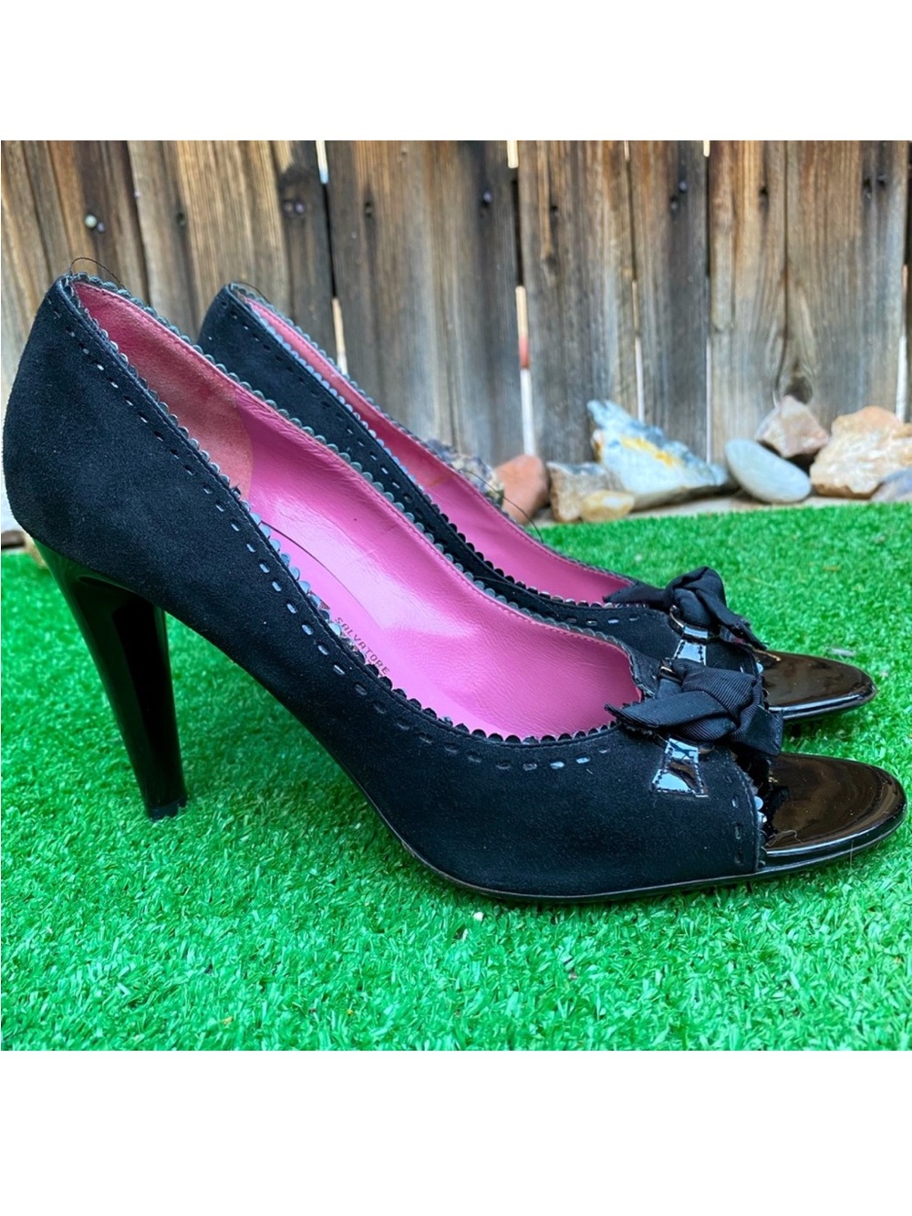 Salvatore Ferragamo Black Suede Peep-Toe Heels with Pink Interior and Bow